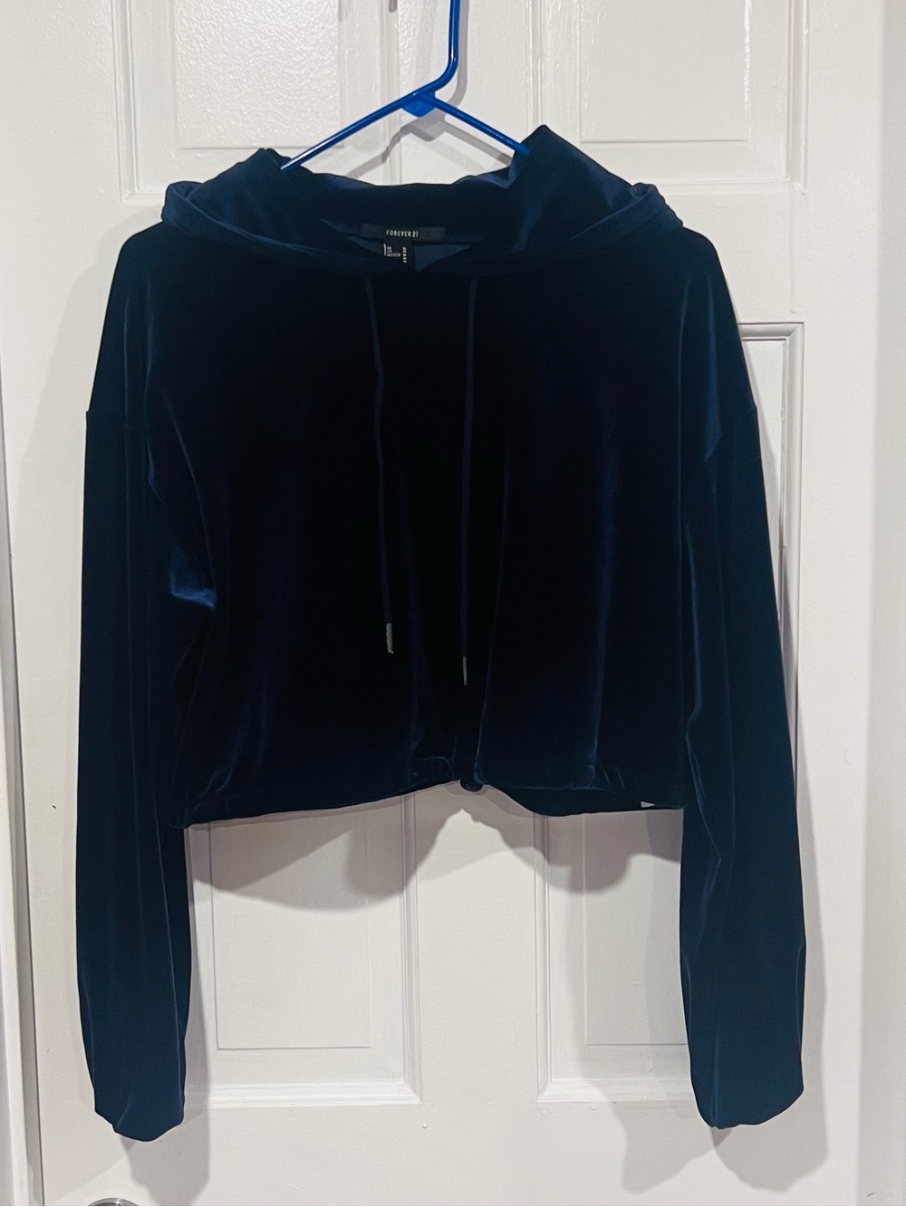 Forever 21 Velvet Cropped Hoodie Jacket - Deep Navy Blue